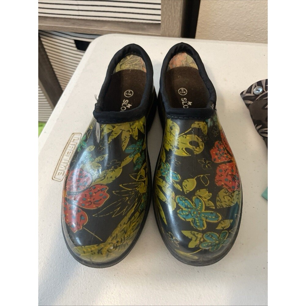 Sloggers Garden Rain Shoe Slip-On Clog Outdoor Comfort Black Floral Women’s Sz 8